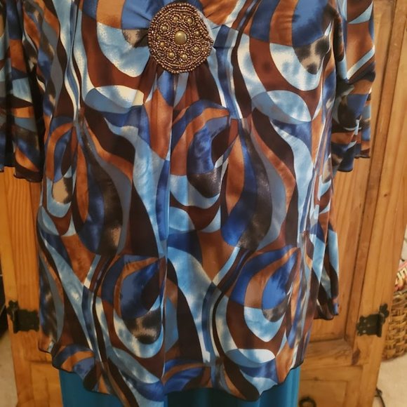 Susan Lawrence Tunic Top 1x brown teal bronze black slinky spandex - Picture 2 of 8